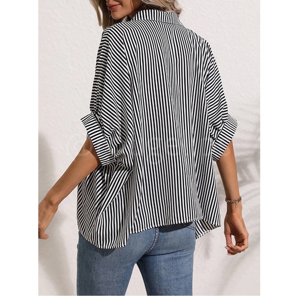 Striped Black White Button Up Front Shirt Oversized Batwing Half Sleeve V-Neck - Picture 3 of 9